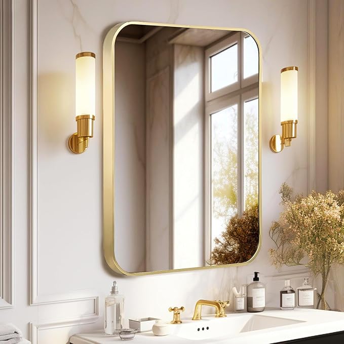24"x36" Matte Gold Mirror for Wall, Brushed Metal Framed Rounded Corner Rectangular Mirror for Bathroom Vanity,Entryway,Living Room,Bedroom,Vertical or Horizontal