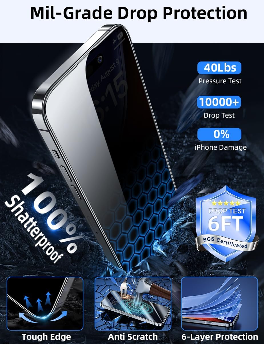 Privacy Screen Protector for iPhone 15 Pro [6.1 Inch][2-Pack], Tempered Glass with Easy Installation Frame - Full