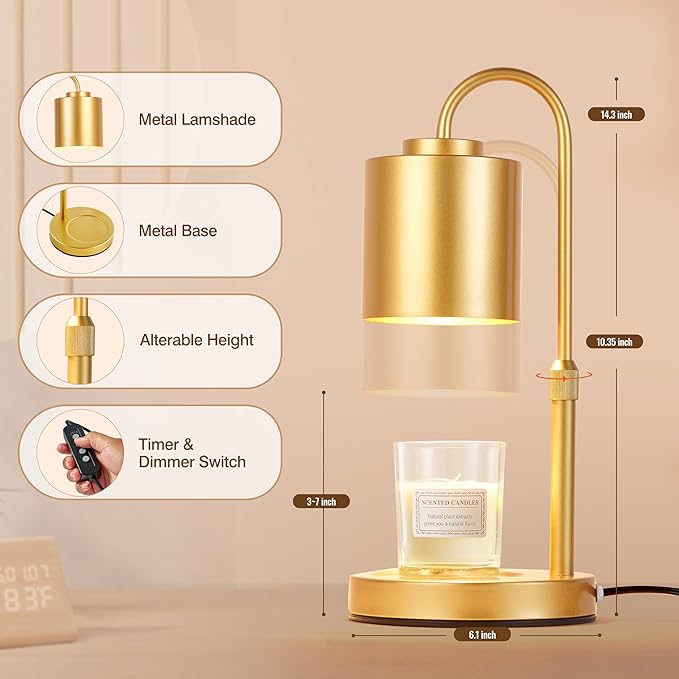 CASTLELIFE Candle Warmer Lamp with Timer & Dimmer, Height Adjustable Electric Wax Melt Warmer for Jar Candles, Gifts for Mom Home Decor, Gold