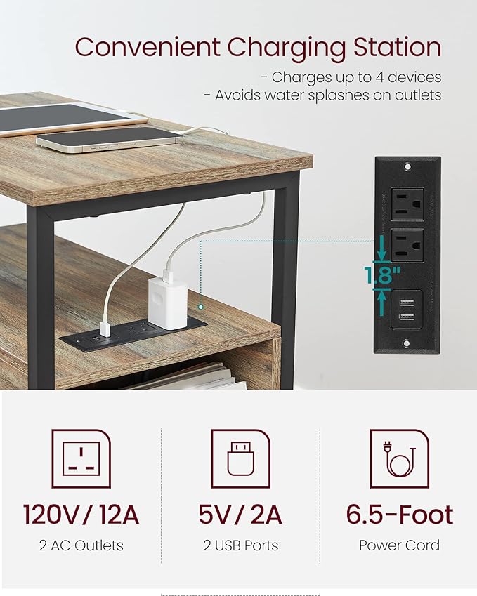 VASAGLE Side End Table with Charging Station, Slim Nightstand with 2 Drawers, Narrow Bedside Table for Living Room, Small Spaces, Turquoise Brown and Ink Black ULET321B60