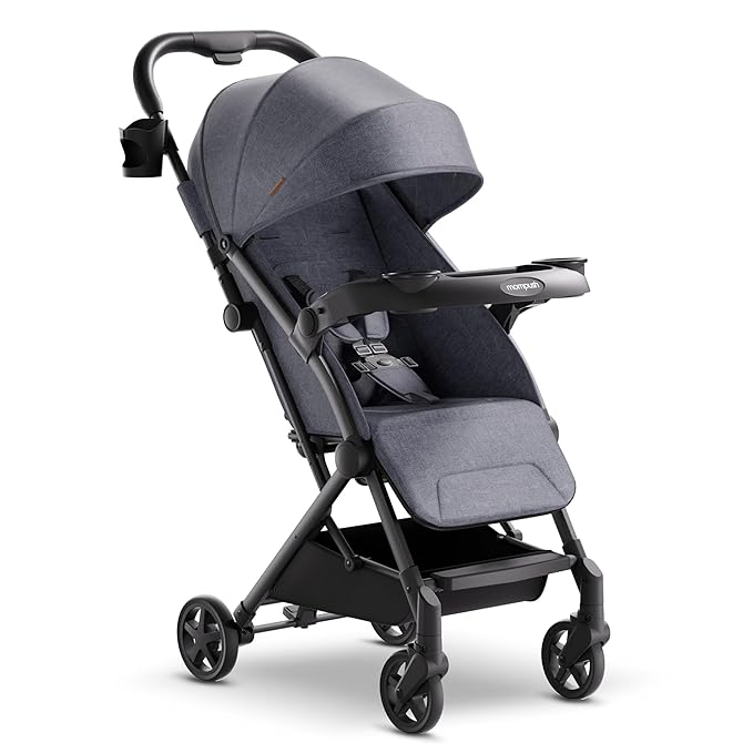 Mompush Lithe V2 Lightweight Travel Stroller, Compact Foldable Baby Stroller with Travel Bag, One-Hand Fold Stroller, Snack Tray, Mechanical Recline Seat, Airplane-Ready, UPF 50+ Canopy & Rain Cover