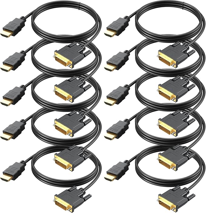 HDMI to DVI Cable 10-Pack, 6 Ft Bidirectional DVI-D to HDMI Male to Male High Speed Adapter Cable Support 1080P Full HD (10, Black)