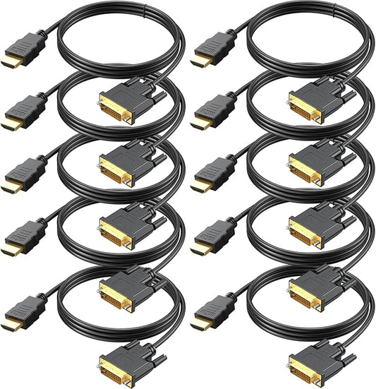HDMI to DVI Cable 10-Pack, 6 Ft Bidirectional DVI-D to HDMI Male to Male High Speed Adapter Cable Support 1080P Full HD (10, Black)