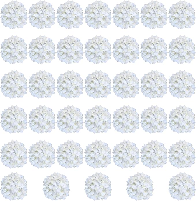 White Hydrangea Artificial Flowers Bulk, 40 Pcs Faux Hydrangea Flowers Heads, Artificial Fake Silk Hydrangea Flowers with Stems, White Flowers Artificial for Decoration Wedding Décor