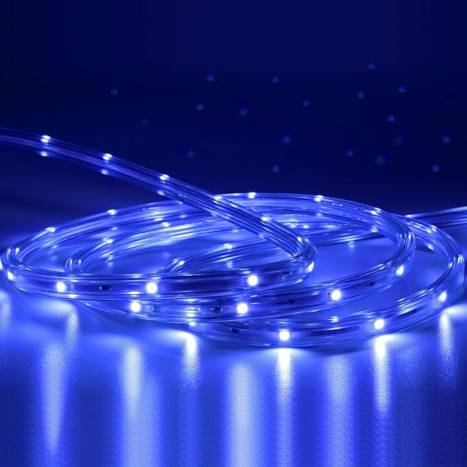 Blue LED Rope Lights Outdoor, 33ft Flat Strip Lights, Flexible Connectable and Waterproof Rope Lighting for Indoor Outdoor Use, Mood Lighting for Game Room Pool Ground Patio Party