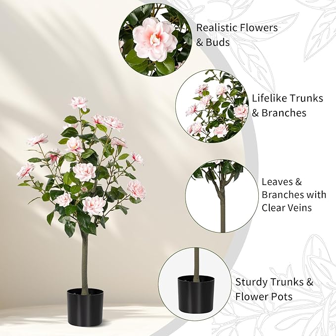 Artificial Camellia Tree 2 Pack, Artificial Plants Outdoor Faux Floral Plant in Cement Pot Fake Silk Camellia Tree Plants for Home House Living Room Office Decor