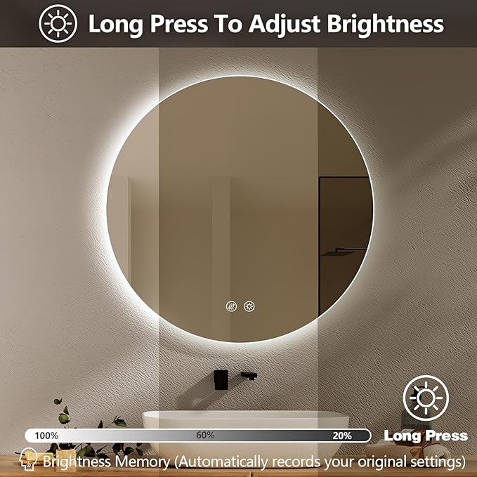 Niccy Round Led Mirror for Bathroom, 24" Circle Frameless Backlit Mirror wiht Light, Anti-Fog, 3 Colors, Waterproof, Memory Function
