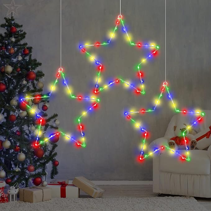MAOYUE Window Lights 3 Pack Christmas Window Star Lights with Timer Battery Operated Christmas Decorations 8 Lighting Modes with 3 Remote Controls for Outdoor, Indoor, Porch, Party, Colorful