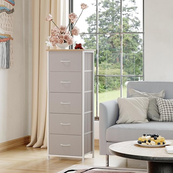 Somdot Dresser for Bedroom with 5 Drawers, Storage Organizer Chest of Drawers with Removable Fabric Bins for Closet Bedside Living Room Laundry Entryway Hallway, Ash Grey