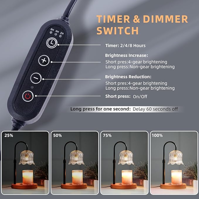 Candle Warmer Lamp with Timer: Adjustable Dimmable Height Adjustable - Flower Shape Wax Lamp Jar Candles Modern Home Decor Table Lights Glass Lampshade - Bedroom Decor