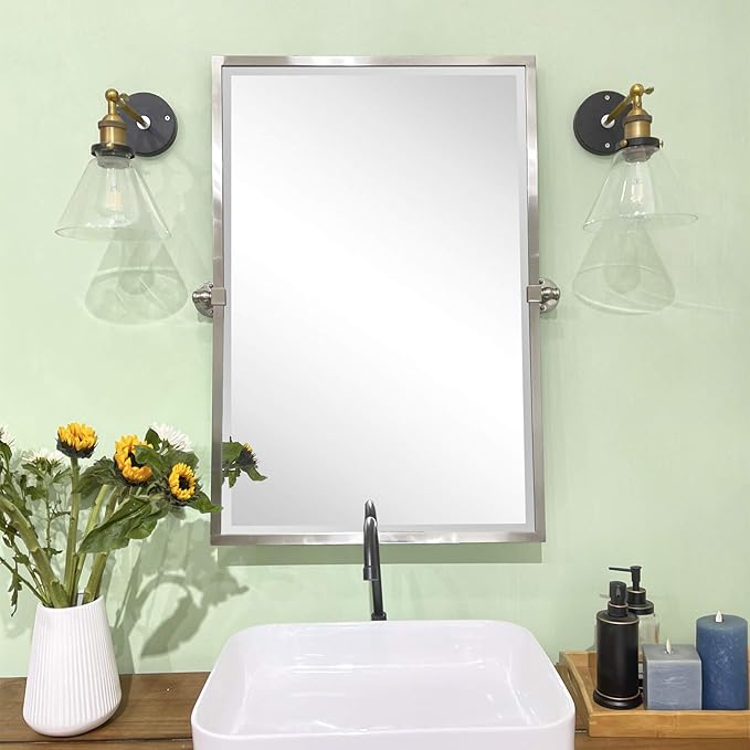 TEHOME 28.5 x 36 inch Brushed Nickel Metal Framed Pivot Rectangle Bathroom Mirror in Stainless Steel Tilting Beveled Vanity Mirrors for Wall