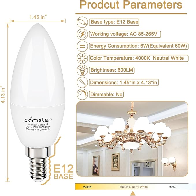 comzler Type B Small Light Bulb, Candelabra LED Light Bulb E12 Small Base 4000K Neutral White - 60watt Equivalent,600LM,Non-Dimmable Candelabra Bulbs, Pack of 6, Non-Dimmable
