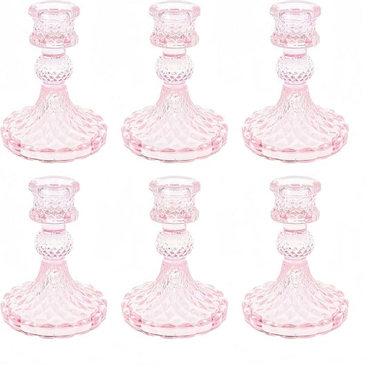 Glass Candlestick Holder,Striped Taper Candle Holders,Set of 6 Candle Stand for Table Centerpieces, Home Decor,Weddings,Festival and Parties (Pink Dimond)
