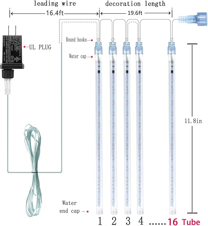 Kwaiffeo Green Icicle Lights, 16 Tubes Meteor Shower Lights(Equivalent to 2 Sets of 8-Tube) for Halloween Christmas Decorations Outdoor, Green Light for Xmas St. Patrick's Day Alien Decor, UL Plug