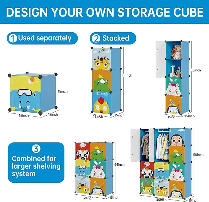 MAGINELS Kids Closet,Baby Wardrobe Closet with Door,Cute Portable Armoire Dresser,Clothes Hanging Storage Rack for Boy Bedroom,Blue,12 Cube(14x14inch)