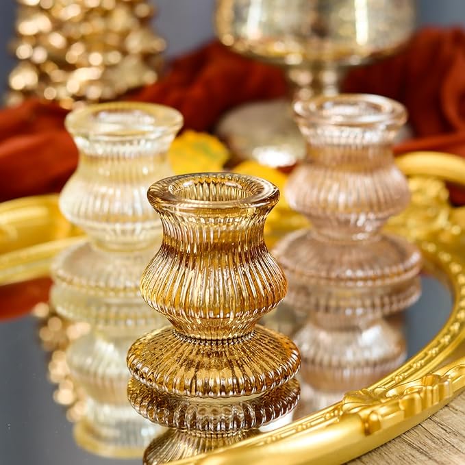 WDHODEC Glass Candlestick Holders 12PCS Taper Candle Holders for Table Centerpiece Vintage Colorful Candle Sticks for Wedding, Party and Birthday Table Decoration(Brown)