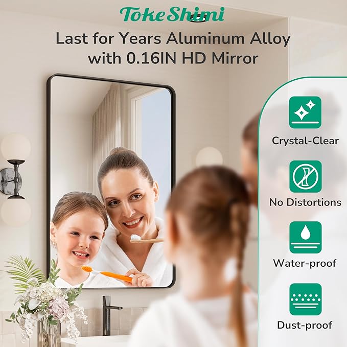 TokeShimi Black Vanity Mirror 60x36,Bathroom Mirror Framed Seamless,Tempered Glass,Rectangle Mirror for Bathroom,Shatterproof Bathroom Wall Mirror(Horizontal/Vertical)