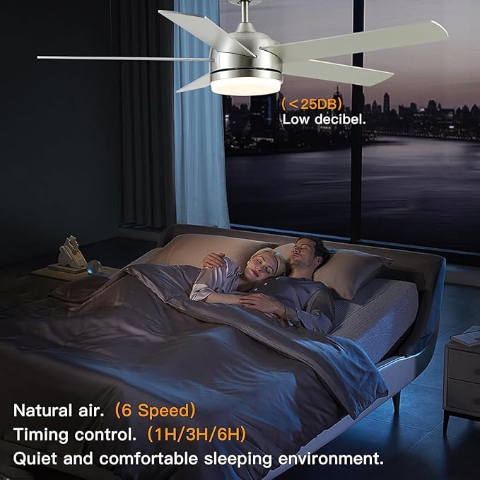 YUHAO 52 Inch Brushed Nickel Ceiling Fan with Light and Remote Control.Noiseless,Dimmable,3CCT,6 Speeds Reversible, DC Ceiling Fans for Indoor or Covered Outdoor