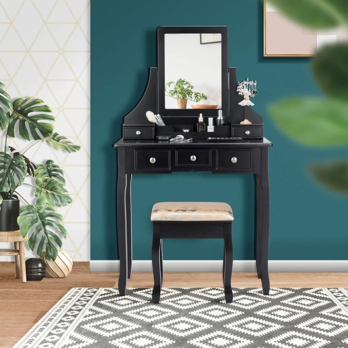 CHARMAID Makeup Vanity Set with Mirror and Cushioned Stool, Dressing Table with 5 Drawers and Removable Storage Organizers, Bedroom Makeup Table with Stool for Women Girls (Black)