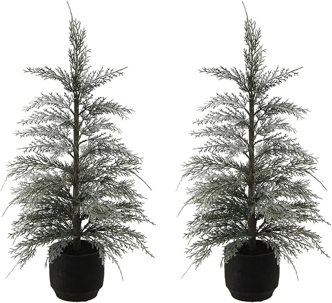 CG Hunter Holiday Collection, Set-of-2 Faux Flocked Cedar Trees, Premium Artificial Indoor & Outdoor Cedar Tree Stands 24" Tall in Pot–Perfect Christmas Decoration