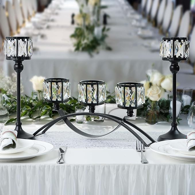 Black Set of 3 Crystal Candle Holders Arched - Elegant Tabletop Candelabra Centerpiece for Weddings, Dining Room Decor, Modern Home & Cabinet Display Housewarming