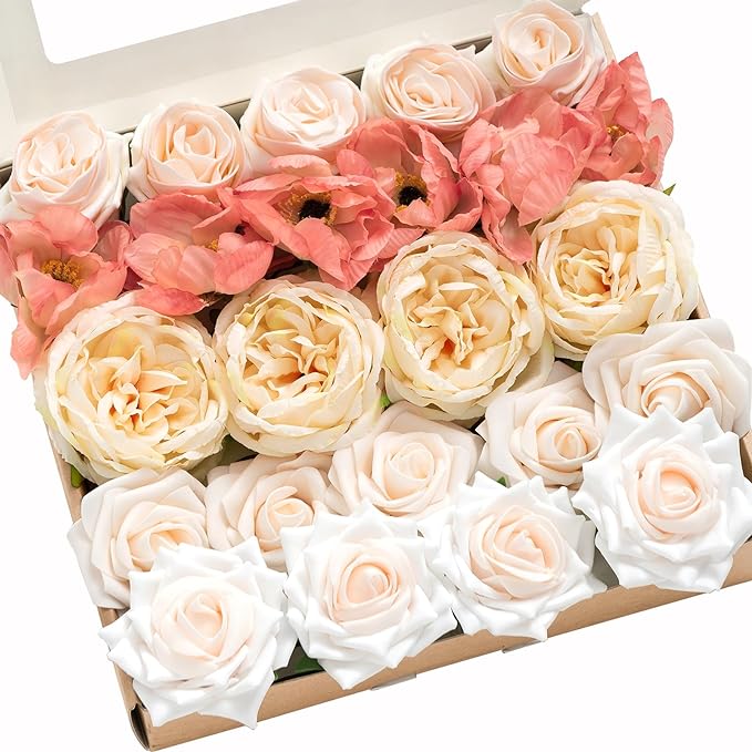 Ling's Moment Artificial Flowers Fake Silk Poppy Peony Faux Foam Roses Combo for DIY Wedding Bouquets Centerpieces Arrangements Bridal Shower Party Home Decorations, Coral & Cream, 24pcs
