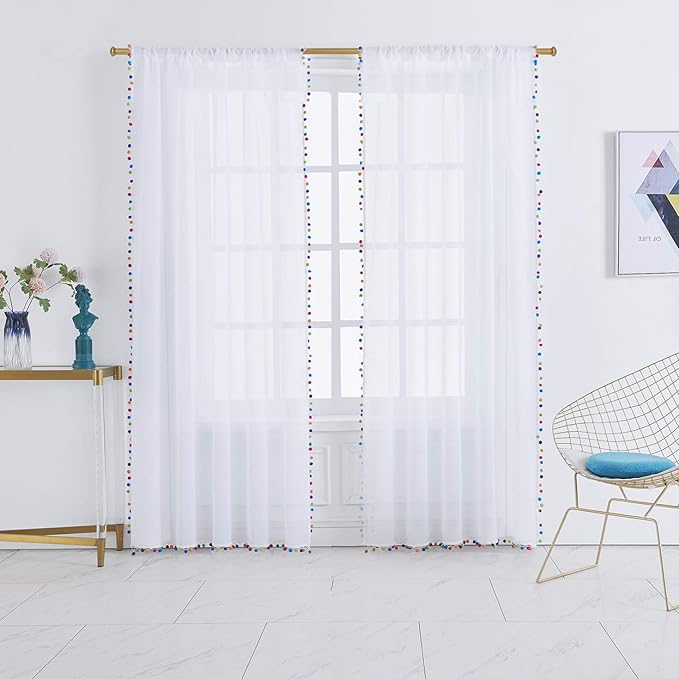 Treatmentex White Sheer Curtains Multi Colorful Pom Pom Sheer Drapes 63" inches Long Window Draperies for Nursery Room Bed Canopy 2 Panels Rod Pocket
