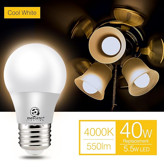 ENERGETIC SMARTER LIGHTING LED Refrigerator Bulb 40 Watt Equivalent, 4000K Cool White, Dimmable A15 Ceiling Fan Light Bulbs, E26 Base, UL Listed, 6 Pack