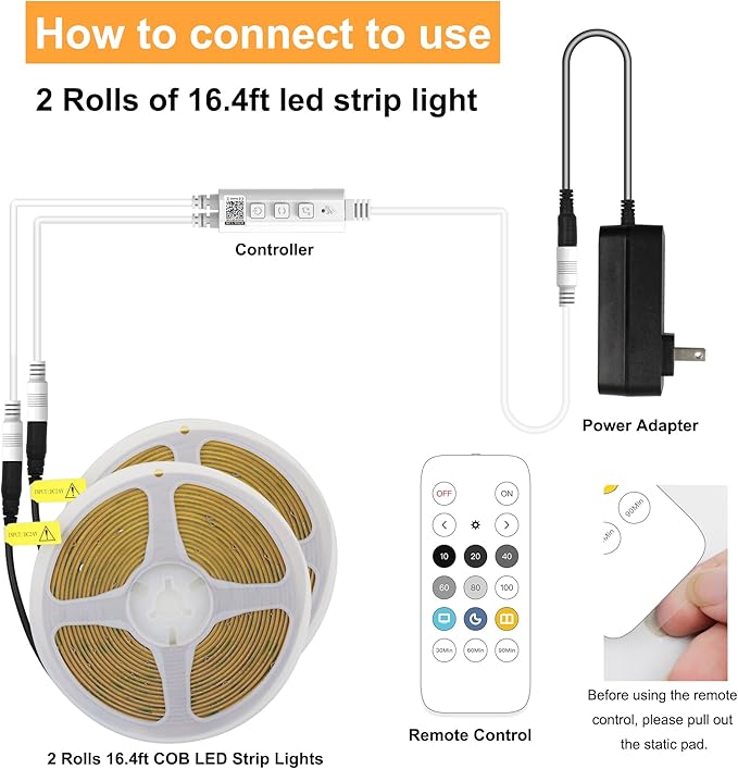 32.8ft COB LED Strip Light Warm White, High Bright LED Strips with 320LEDs, RF Remote and UL Power Supply, 3000K Dimmable LED Lights for Bedroom,Kitchen, DIY Home Decoration, 2 Rolls of 16.4ft