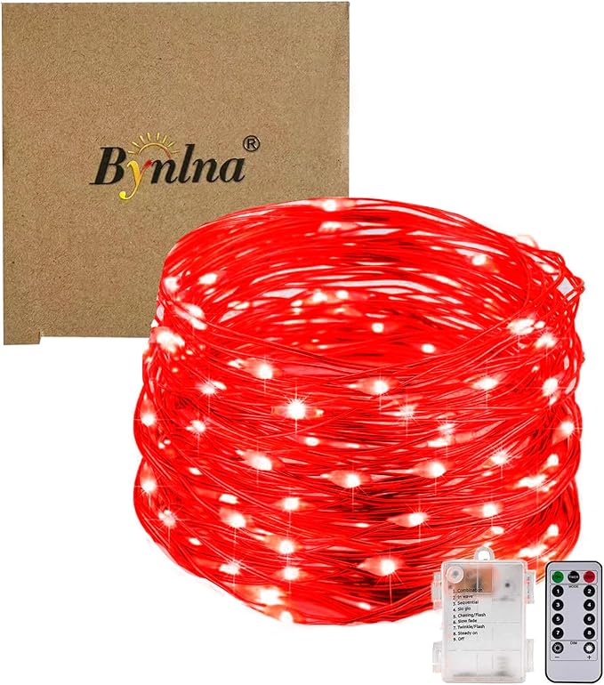 String Lights,LED Copper Wire Lights, Each Set 33ft/10M 100LEDs and 9 Remote Control.AA Battery Powered,Decor Rope Lights for Holiday,Wedding, Parties.(Red)