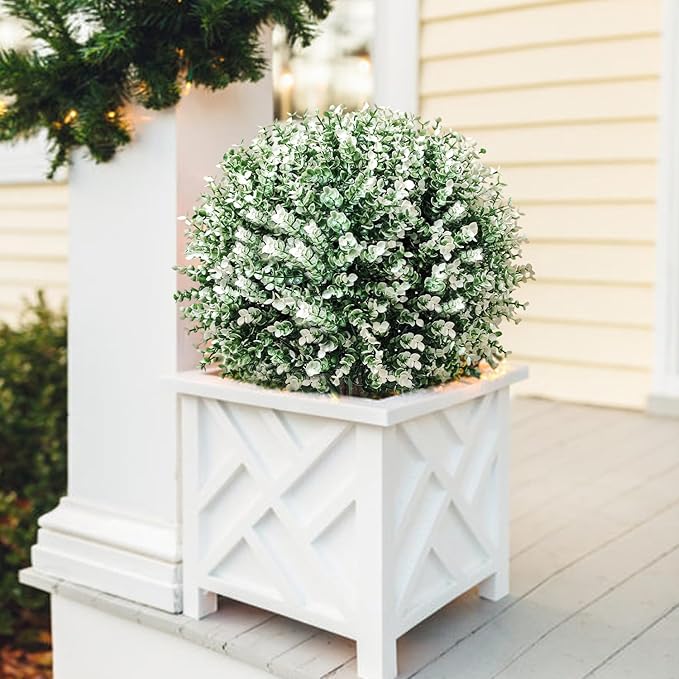 2 Pack White Artificial Christmas Tree, 24'' Outdoor Xmas Ball Tree,Fake Boxwood Topiaries with Spike,Faux Plants for Planters Urn Filler, Porch Potted Entrance Driveway Decor