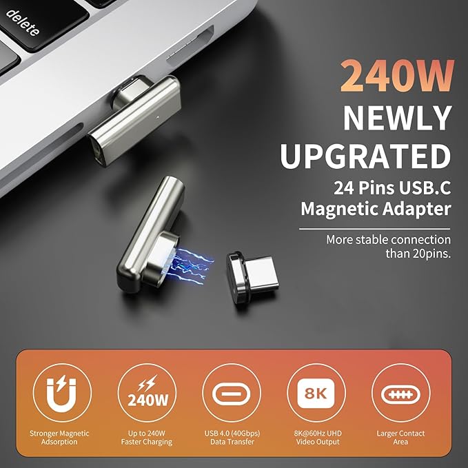 240W Right Angle 90 Straight Magnetic USB C Adapter Extender Straight USB4 40Gbps 8K 60Hz for Thunderbolt 3/4, MacBook Pro/Air,Steam Deck, PS5 (2 Pack) W/ 2 Connector Tips