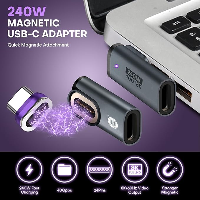 Magnetic USB Adapter Type C to C 2 Pack 90° Right Angle USB4.0 24 PIN 40GPS PD 240W Phone OTG Replacement & Extender 8K 60Hz Vidoe in/Out Type C Connectors (Black)