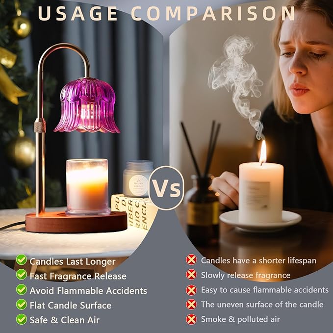 Candle Warmer Lamp with Timer: Dimmable Candle Warmer Lamps Height Adjustable Purple Flower Candle Lights