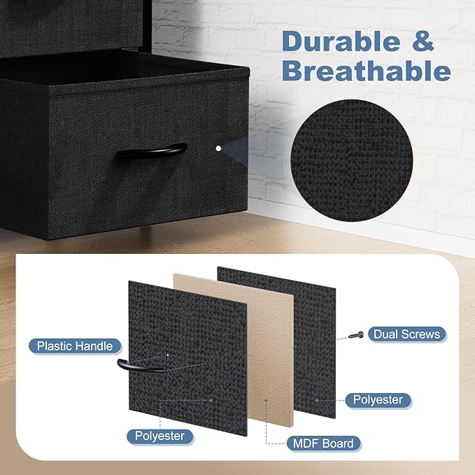 DUMOS 8 Drawer Dresser for Bedroom, Fabric Storage Organizer with Sturdy Metal Frame, Wooden Top Chest of Drawers for Closet Nursery Entryway Guest Room,Matte Black