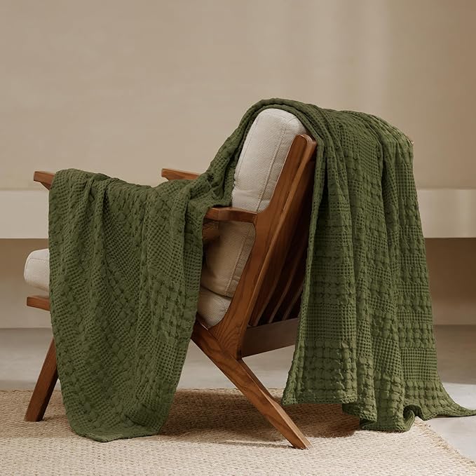 PHF 100% Cotton Waffle Weave Throw Blanket, Soft Lightweight Breathable Cozy Throws for Couch Bed Sofa, Luxury Aesthetic Woven Blanket for Home Decor & Office, 50"x60", Capulet Olive