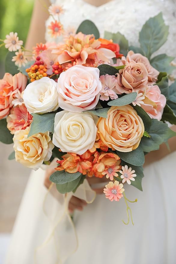 Artificial Flowers Box Set Real Looking Orange Silk Fake Flowers Combo with Stems for DIY Wedding Bouquets Bridal Shower Centerpieces Party Decorations(Orange Pink)