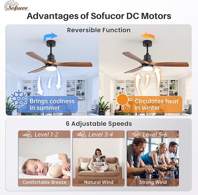 Sofucor 52 Inch Solid Wood Ceiling Fans With Lights, Low Profile Ceiling Fan with Light and Remote, 3 Downrod, Reversible DC Motor, Indoor/Outdoor 3 Blade Ceiling Fan Light for Bedroom Farmhouse Patio