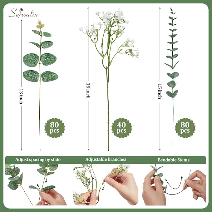 Serwalin 200 Pcs Mixed Artificial Eucalyptus Stems，Babys Breath Artificial Flowers Bulk with Artificial Fake Greenery Stems for Wedding DIY Bouquets Floral Arrangement Home Decor