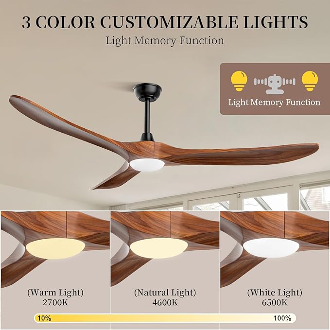 Obabala Ceiling Fans with Lights and Remote, 70inch Outdoor Ceiling Fan 3 Solid Wood Blades Fan with 3 Downrods for Patios, Modern Ceiling Fan with Noiseless Reversible DC Motor (Solid Wood, 70in)