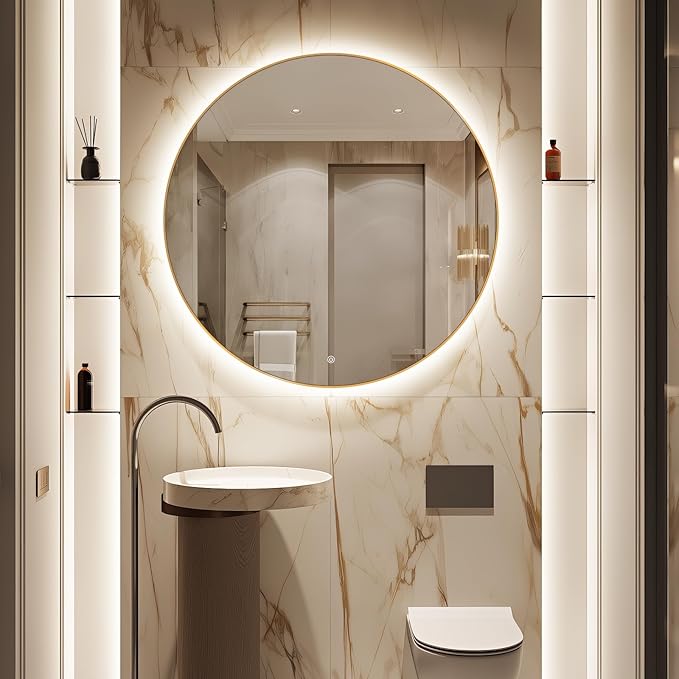 40" Round LED Bathroom Mirror, Wall Mounted Backlit Vanity With Lights, Fog Free Circle With Gold Frame, Smart Light Up 3-Color