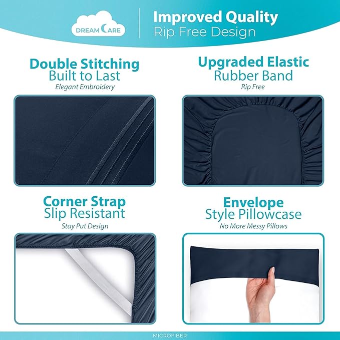 DREAMCARE Twin XL Sheet Sets – 3pcs Cooling Sheets – up to 15” Deep Pocket Twin XL Sheets Set – Hotel Luxury Sheets & Pillowcases – Superior Softness 100% Fine Microfiber with Side Pocket – Navy Blue