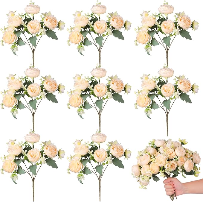 Luyue 8 Packs Peonies Artificial Flowers Vintage Faux Peony Bouquet Fake Flower for Vase Silk Floral Arrangements for Table Centerpiece Wedding Decoration Indoor Home Decor