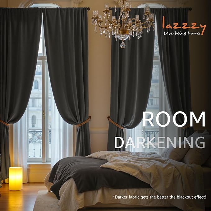 Lazzzy Velvet Blackout Curtains Thermal Insulated Room Window Drapes Super Soft Luxury Curtains for Living Room Bedroom Rod Pocket 2 Panels, Grey, 42" W x 120" L