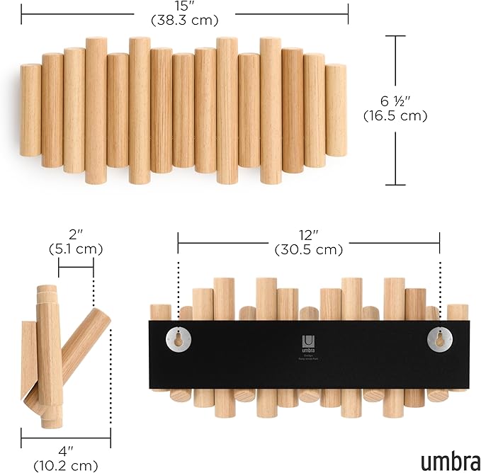 Umbra Picket 5 Hooks, Wall-Mounted Rail, Doubles as Art, Beveled Pine Wood Dowels, Natural Finish