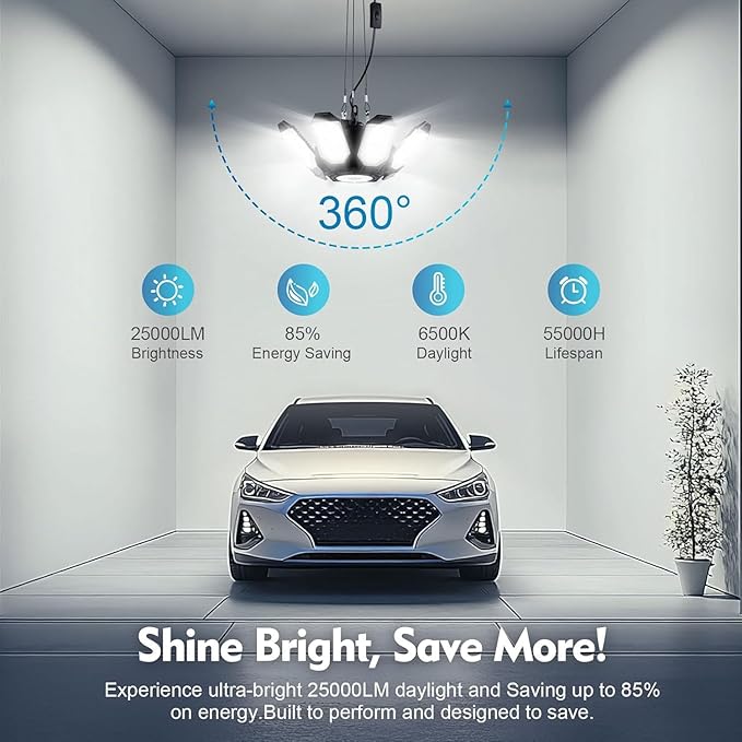 TANBABY Upgrade 250W LED Garage Lights Plug in 2 Pack, Total 50000LM Deformable Lights Ceiling LED Plug in Cord, Plug in Shop Light for Garage Lighting with 8+1 Panels Garages Bulb for Basement
