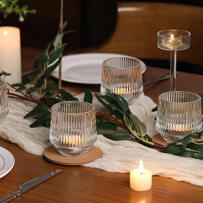 12 Pcs Large Glass Votive Candle Holders- 3.15"×3.15" Ribbed Candle Holders for Tealight Candles, Votives, Floatings, Tea Lights Candle Holders for Table Centerpieces, Wedding Table Decor