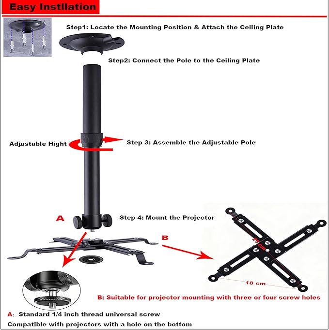 Projector Ceiling Mount with New Gimbal, Adjustable Length Projector Mount, ¼-Inch Screw, Compatible with Most Projectors, Ceiling/Wall Use with Adjustable Angle (Dark) (Silver)