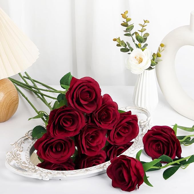 Ouddy Decor 20 Pcs Red Roses Artificial Silk Flowers Fake Roses Bouquet with Long Stems for Valentines Day Decor Wedding Home Party Table Centerpieces Bridal Bouquet DIY Floral Arrangment, Wine Red