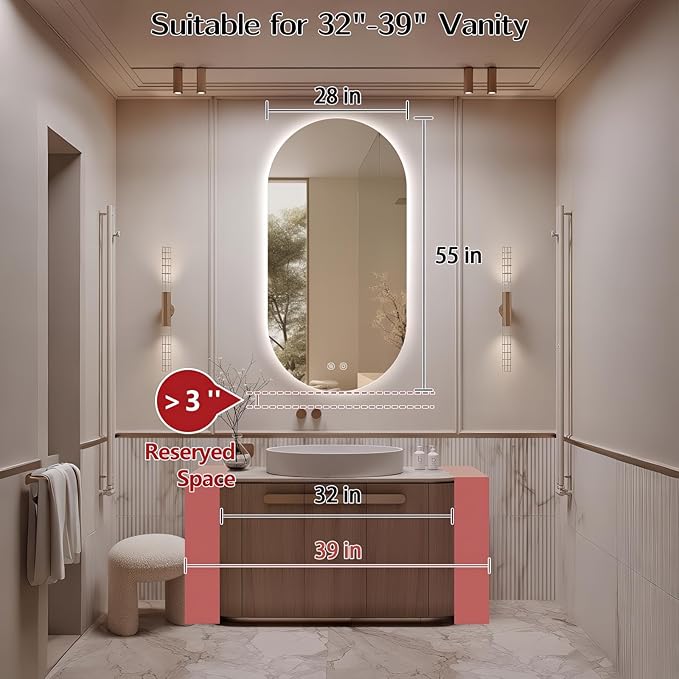 55"x28" Oval Led Bathroom Mirror with Lights, Frameless Backlit Vanity Mirror for Wall, Anti Fog Smart Mirror with 3 Colors Stepless Dimmable, Waterproof, Explosion-Proof, Vertical/Horizontal